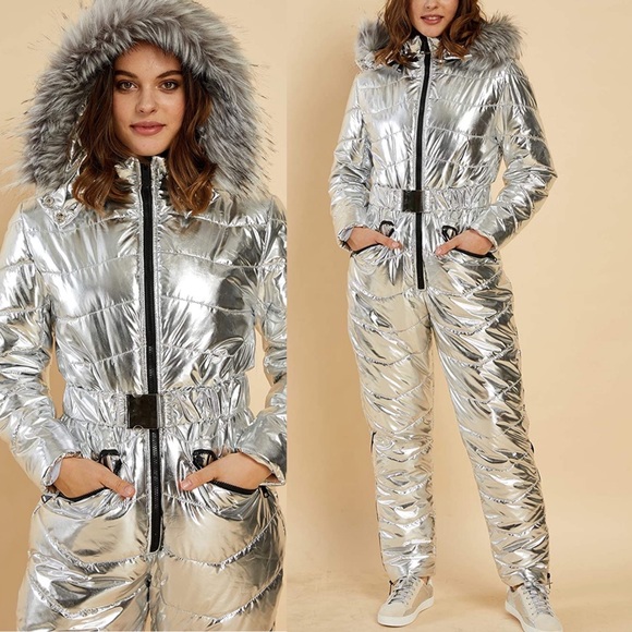 THINK VINTAGE ONLINE Pants - - -❄️ Women  SILVER Winter Onesies Ski Suit Fur Collar Ski Jumpsuit Snowsuit NEW
